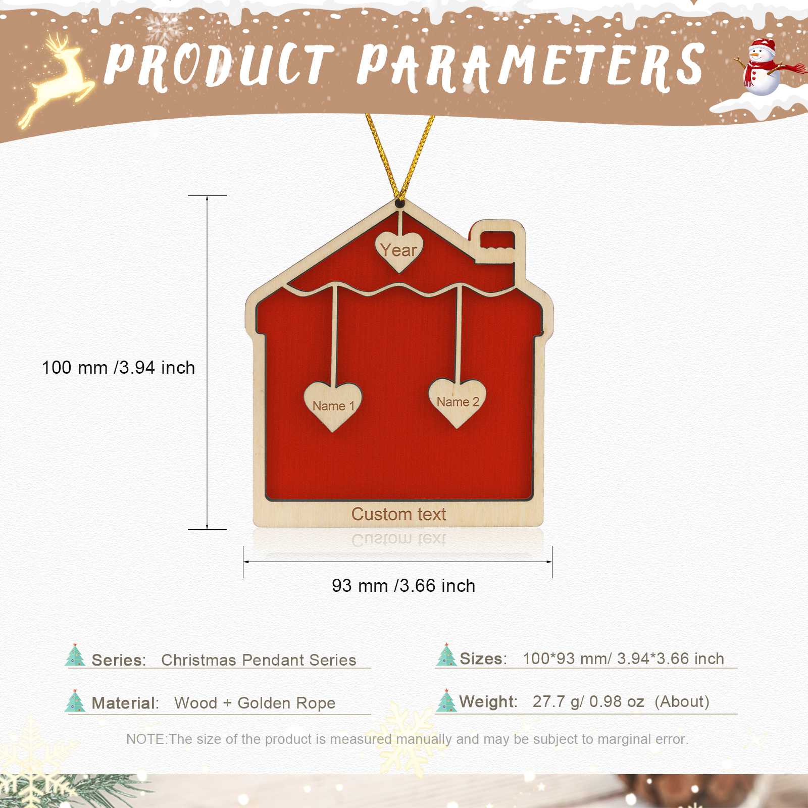 2 Names-Personalised Family Wooden Christmas Xmas Tree Decoration Ornament-Custom 2 Names And Year Hanging Ornament Gifts For Family