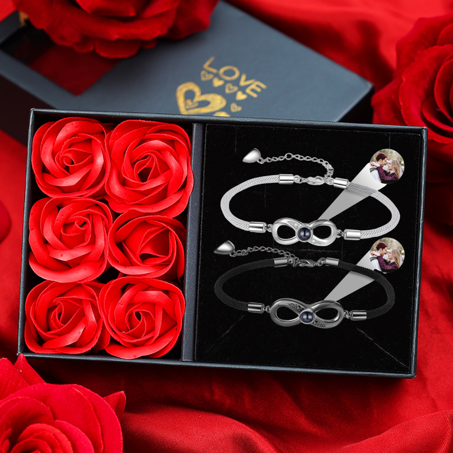 Personalised Magnetic Projection Bracelet Set with Rose Box-Custom Photo Infinity Couple Bracelet Creative Gift for Her/Him