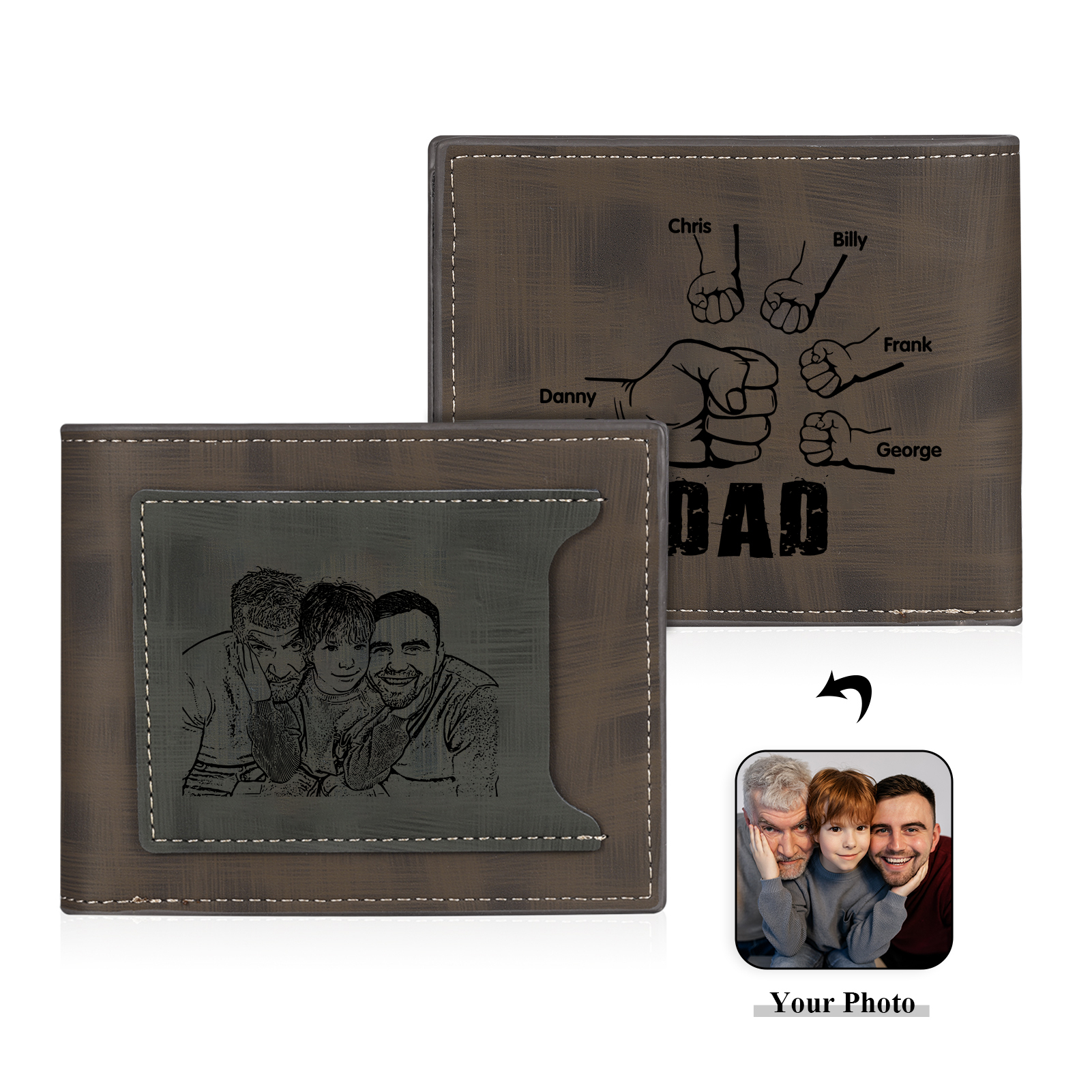 5 Names - Personalised Photo Custom Leather Men's Wallet as a Father's Day Gift for Dad