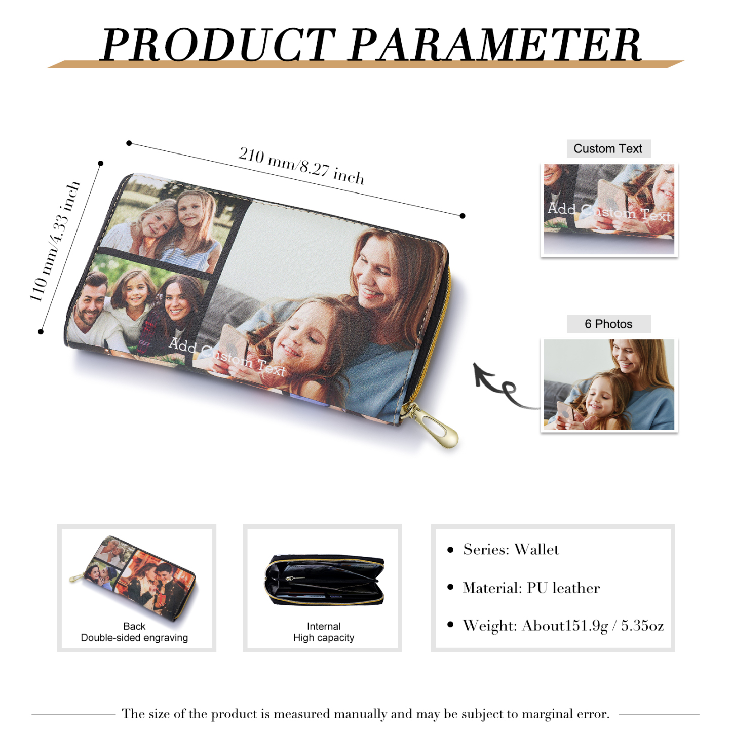 Custom Purse-Long Purse Personalised Leather Wallet Engraved 6 Photos Zip Wallet  Gifts For Women Men