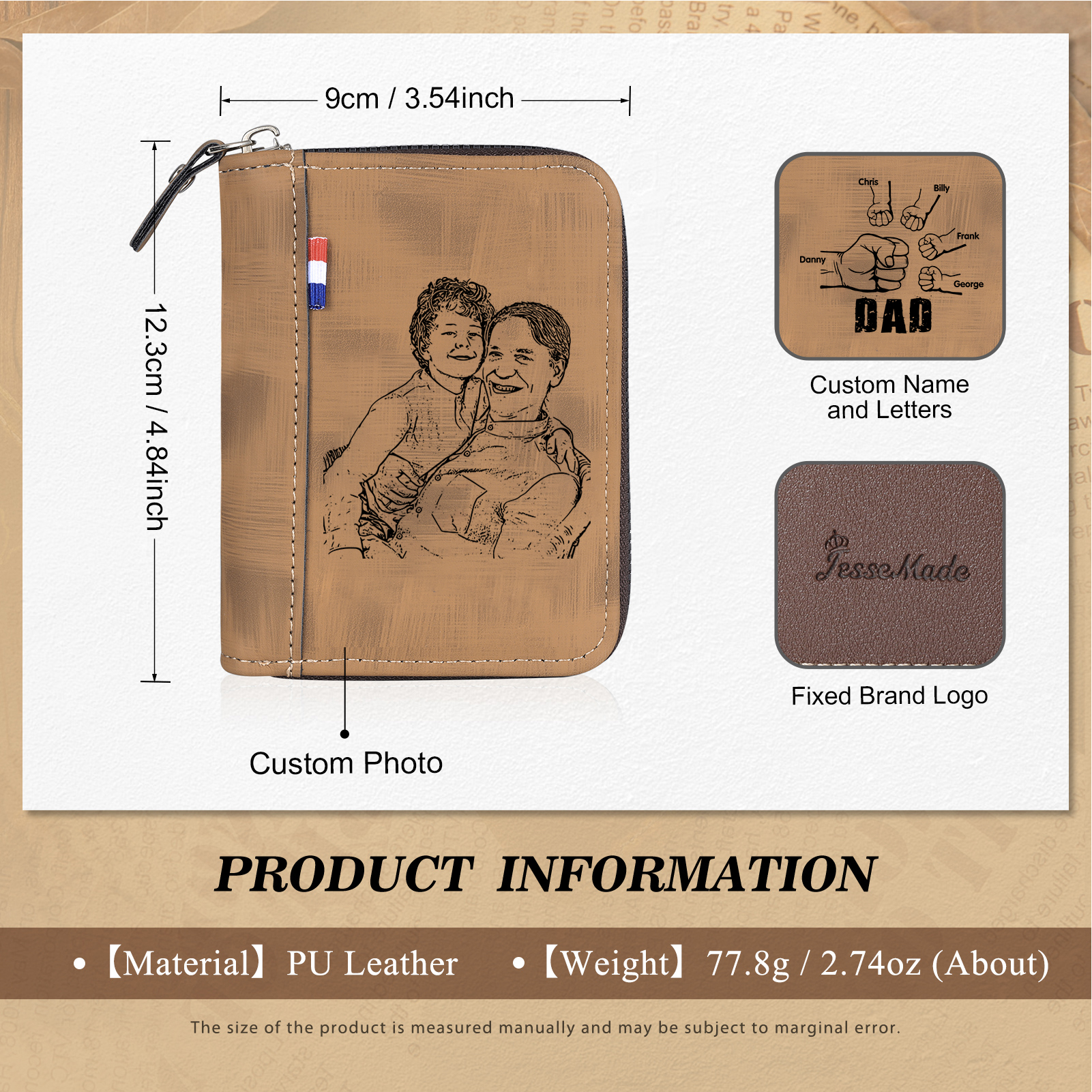 5 Names - Personalised Fist Bump Fist Bump Photo Custom Leather Men's Zipper Wallet as a Father's Day Gift for Dad