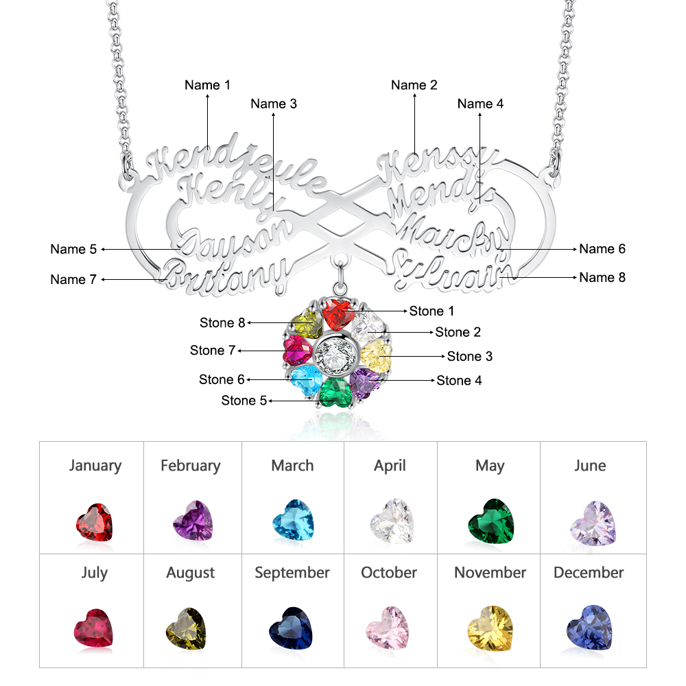 Personalised Infinity Necklace With 8 Birthstones Engraved Names Necklace Gift For Women