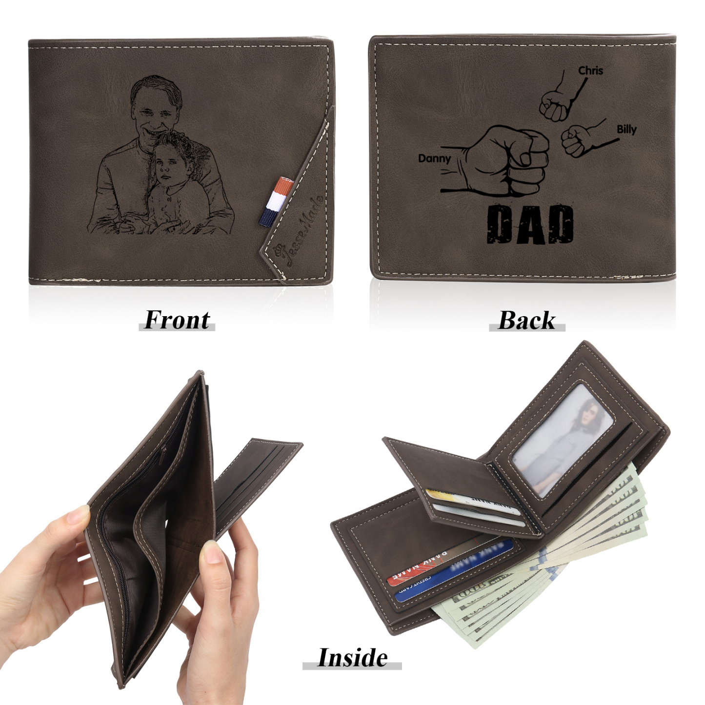 3 Names - Personalised Fist Bump Photo Custom Leather Men's  Wallet as a Father's Day Gift for Dad