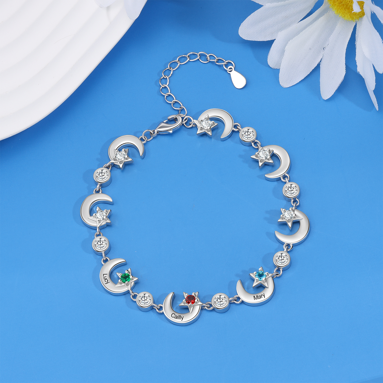 3 Names-Personalised Moons And Stars Bracelet With 3 Birthstones Custom Names Bracelet Gift For Women