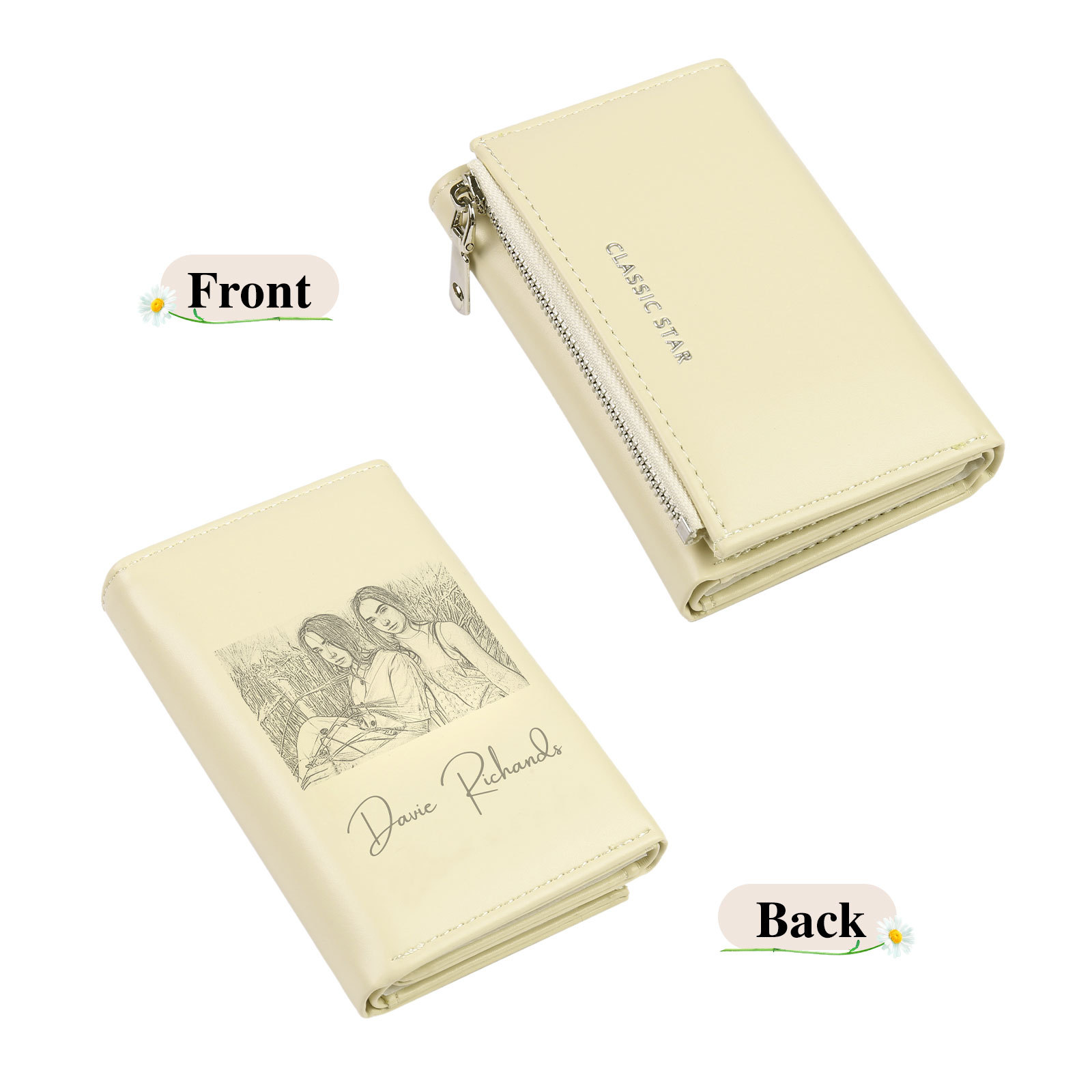 Custom Purse-Personalised Photo Quality Leather Folding Zip Wallet Custom Text Wallet Gift for Her