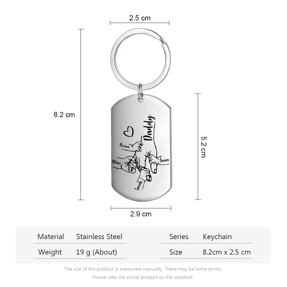 4 Names - Personalised Holding Hands Keyring with name and text Gift for Dad
