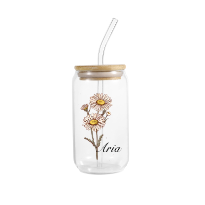 2024 Graduation Gift - Personalised Name and Birth Flower Glass with Glass Straw