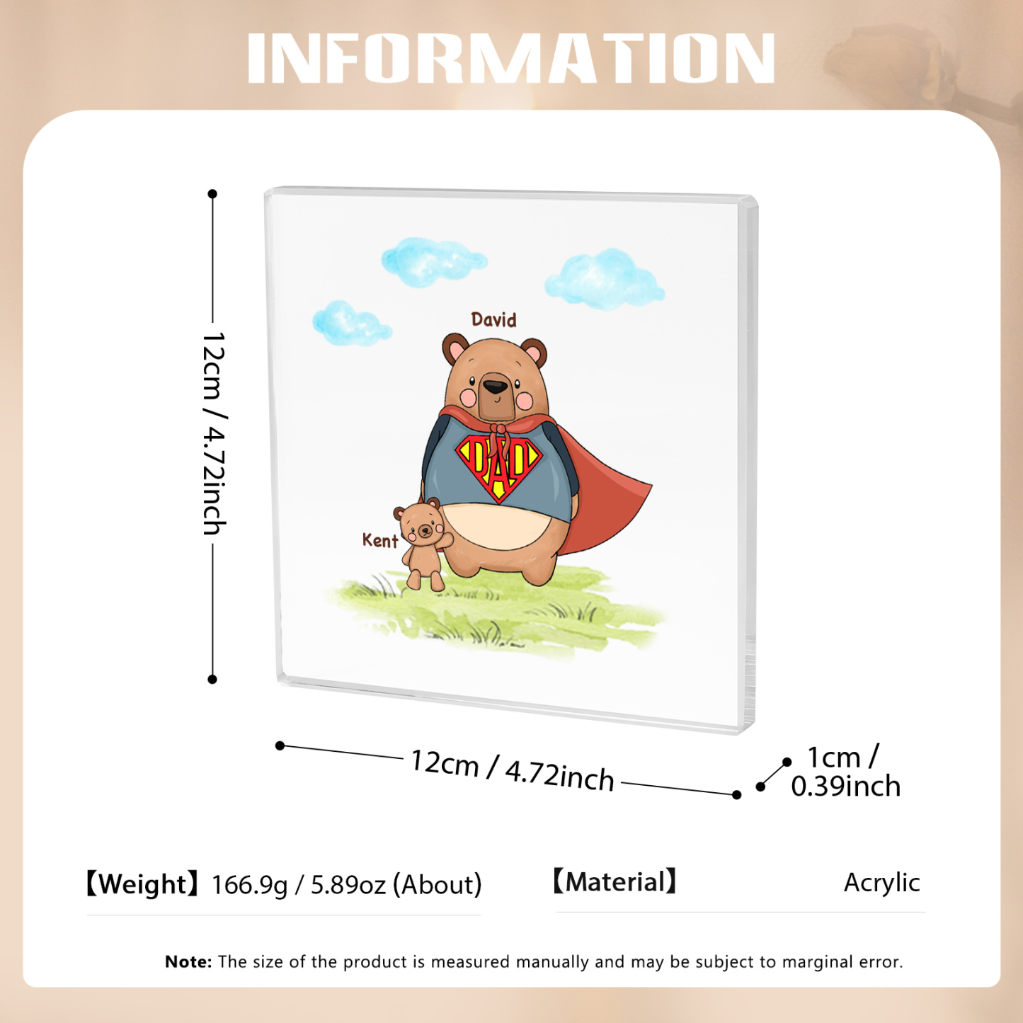 2 Names-Personalised Super Bear Family Acrylic Keepsake-Custom Text and Names-Acrylic Plaque Home Decoration Gift for Dad/Grandad