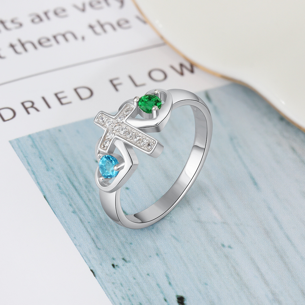 S925 Silver Ring Personalised 2 Birthstones Cross Ring With Names Gifts For Her