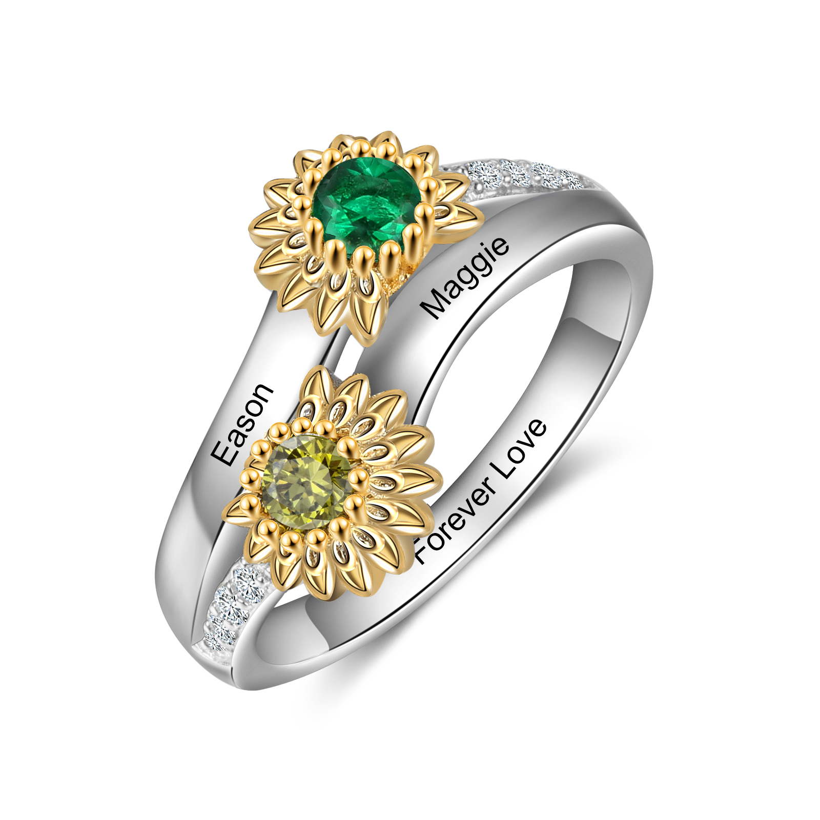 Personalised Sunflower Ring With 2 Birthstones Engraved Names Ring Gift For Women | Jessemade