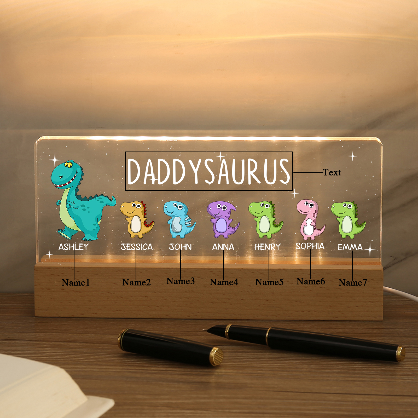7 Names - Personalised Cute Dinosaur Pattern Beautiful Table Lamp Father's Day Gift for Dad