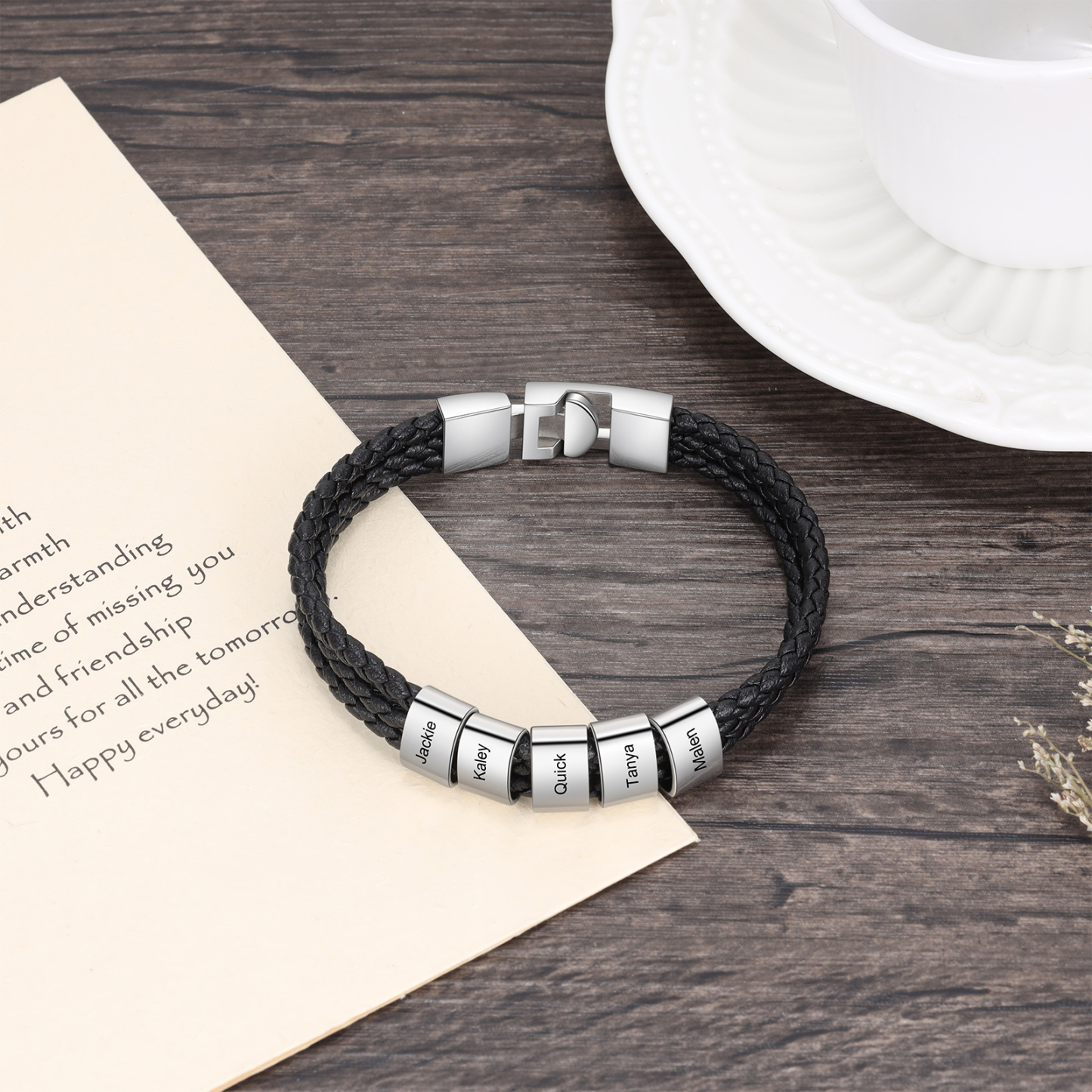 Personalised Braided Leather Bracelet Engraved 5 Names Men's Bracelet Gifts For Him
