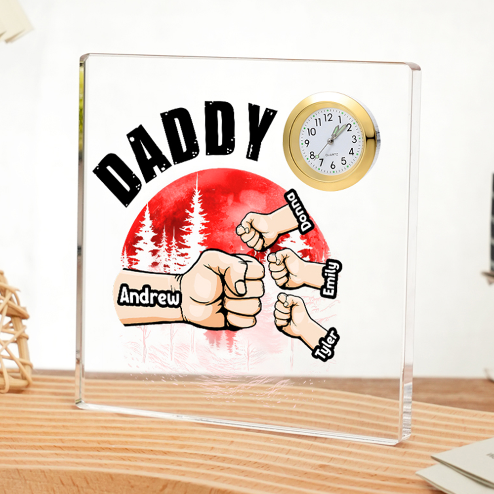 4 Names - Personalised Fist Red Forest Style Acrylic Clock Ornament Ornament Customized Name and Text Acrylic Father's Day Gift for Dad