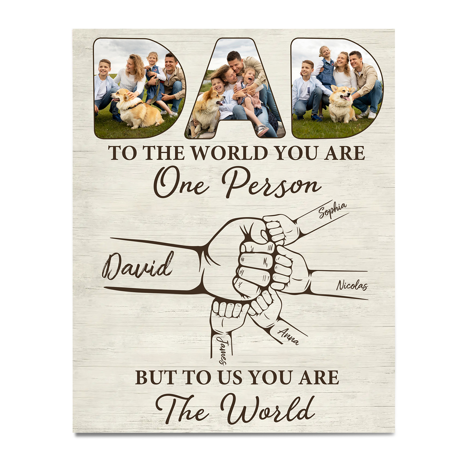 5 Names - Personalised Photos Fist Bump Home Wood Panel Painting Decorations Father's Day Gift for Dad