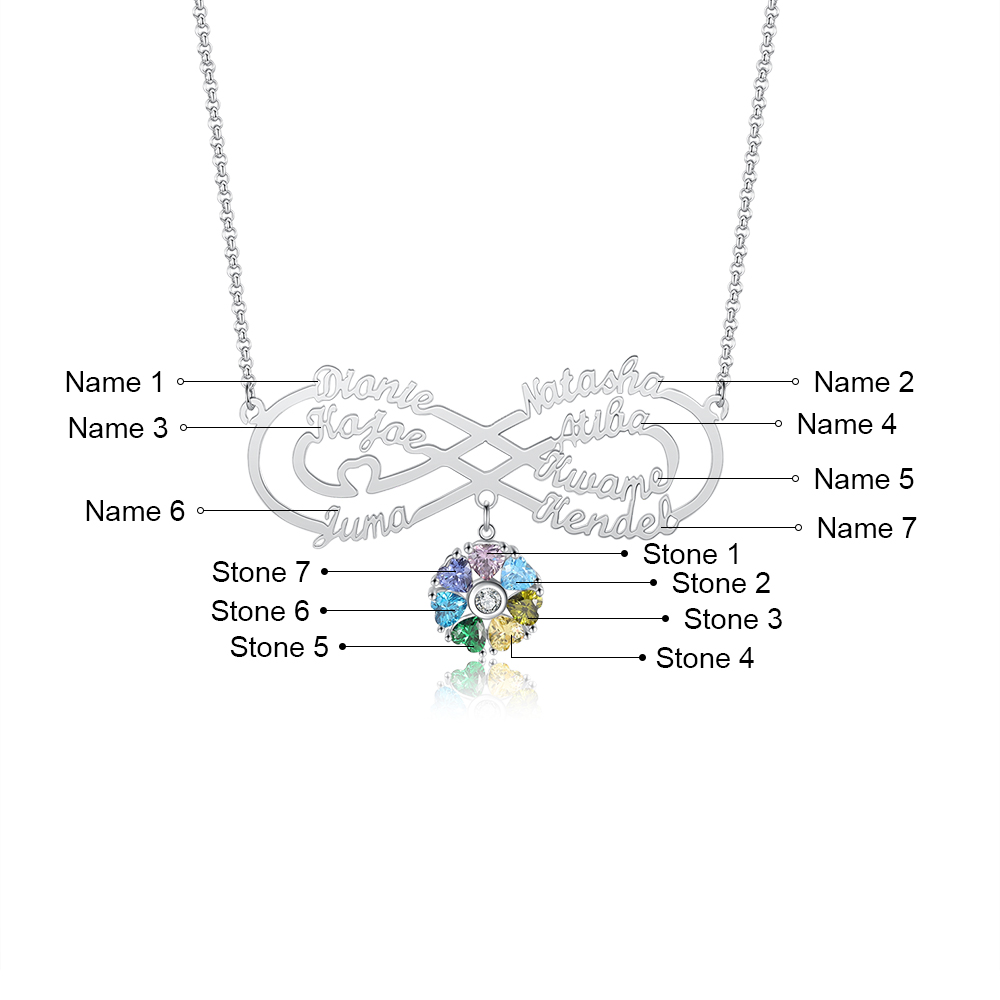 Personalised Infinity Necklace With 7 Birthstones Engraved Names Necklace Gift For Women
