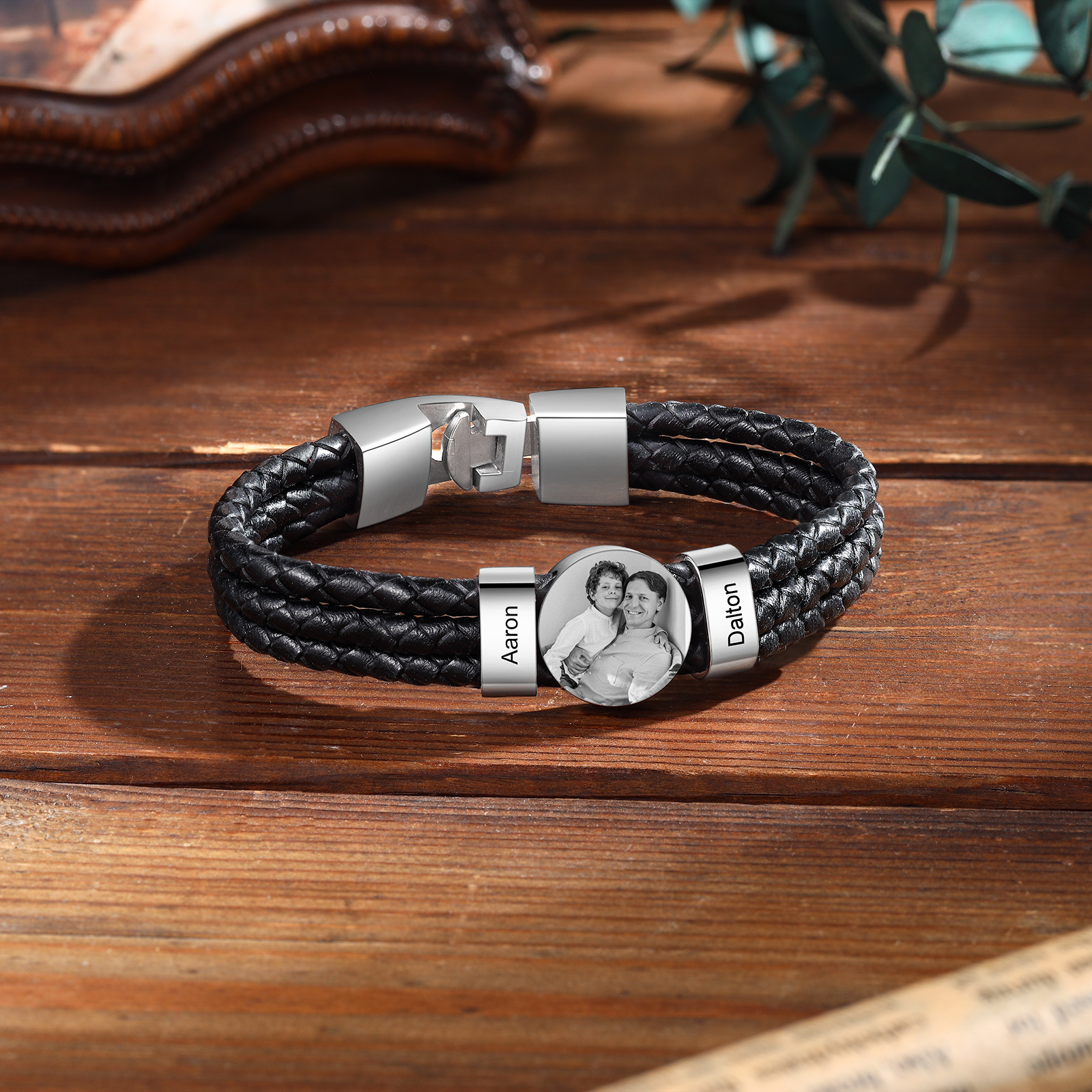 Personalised Braided Leather Bracelet Engraved with 2 Names and Customized 1 Photo Men's Bracelet for Dad