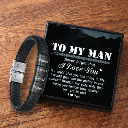 Men Leather Braided Bracelet Personalised with 4 Names 4 Beads Gift For Father's Day