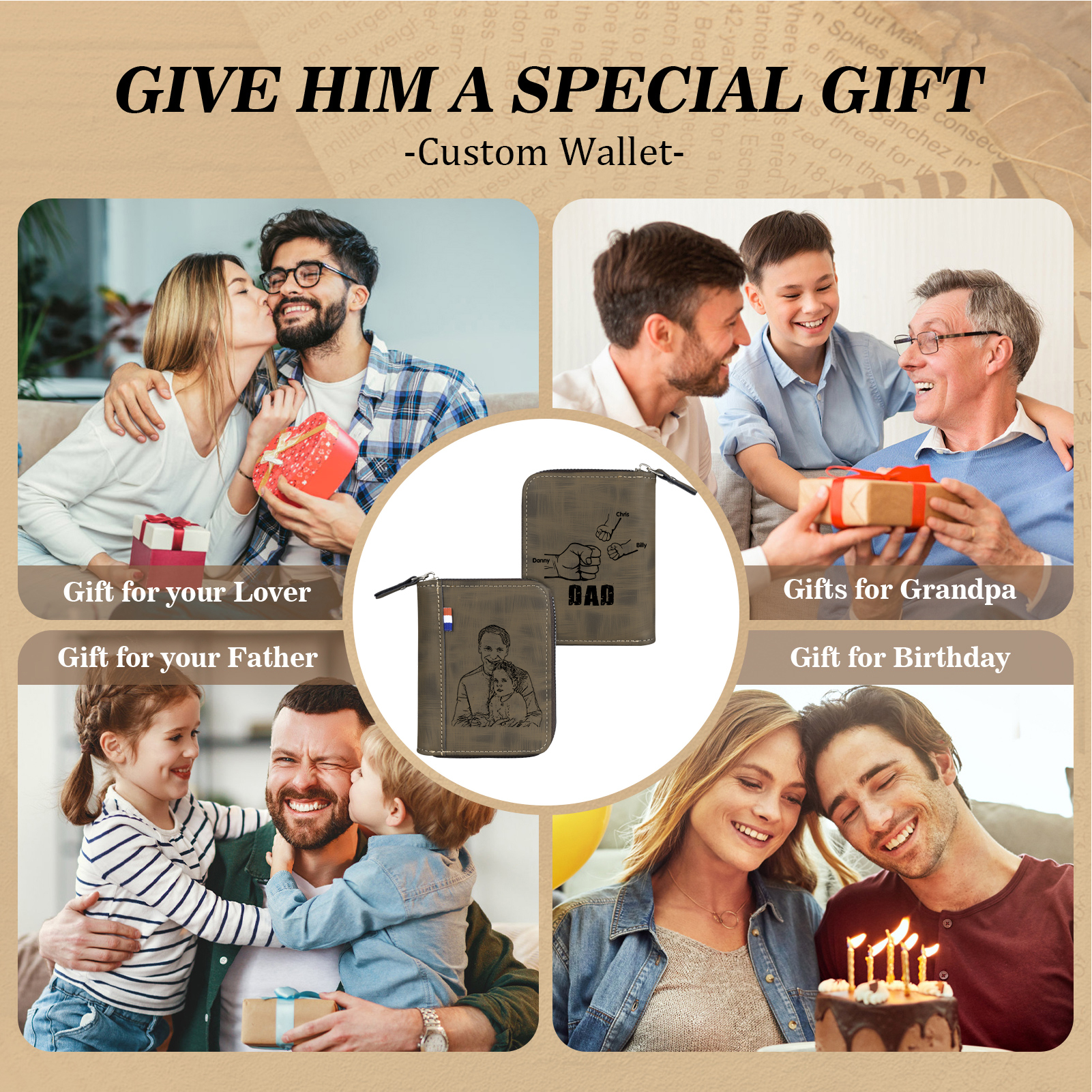 3 Names - Personalised Fist Bump Fist Bump Photo Custom Leather Men's Zipper Wallet as a Father's Day Gift for Dad