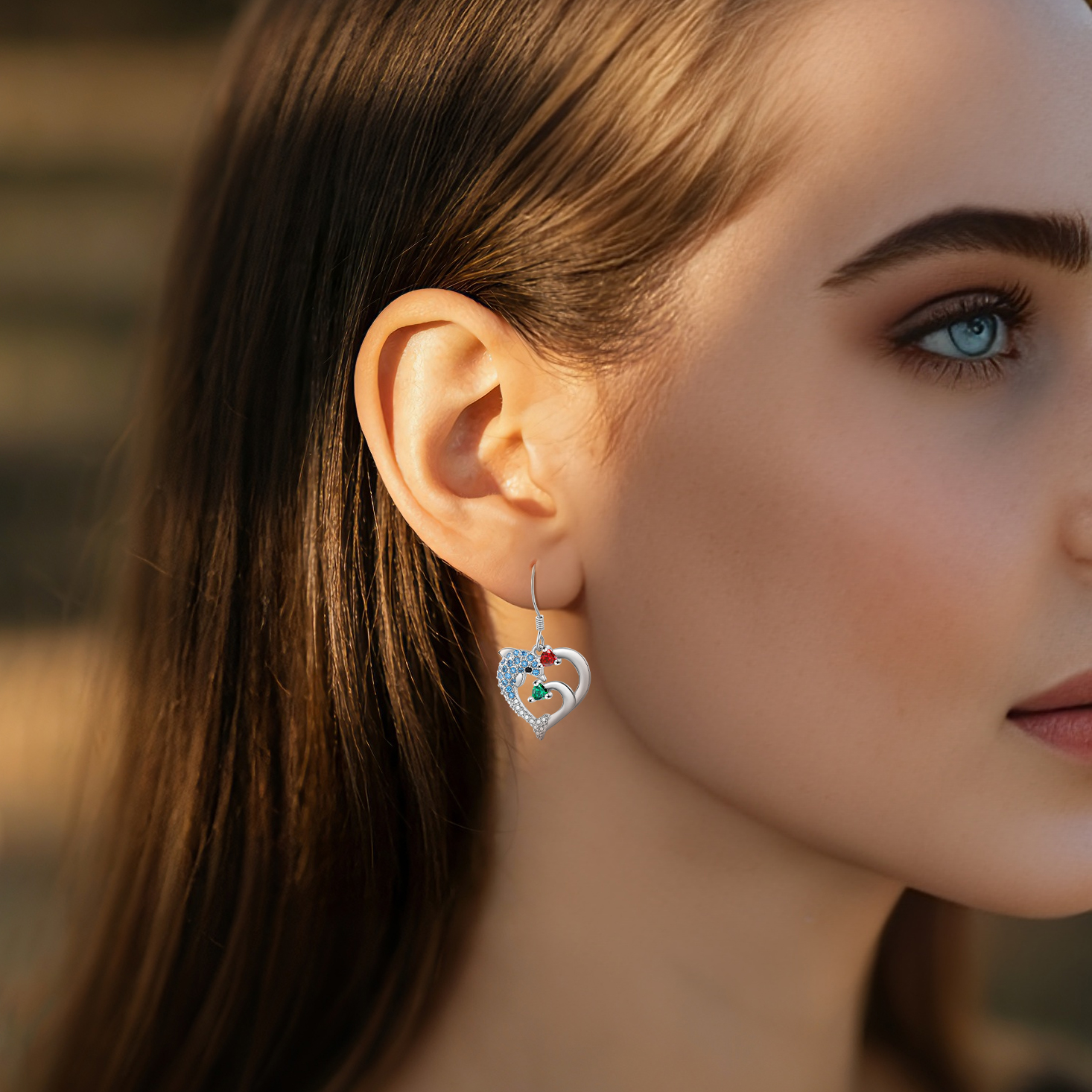 Personalised Dolphin Heart Drop Earrings with Birthstones