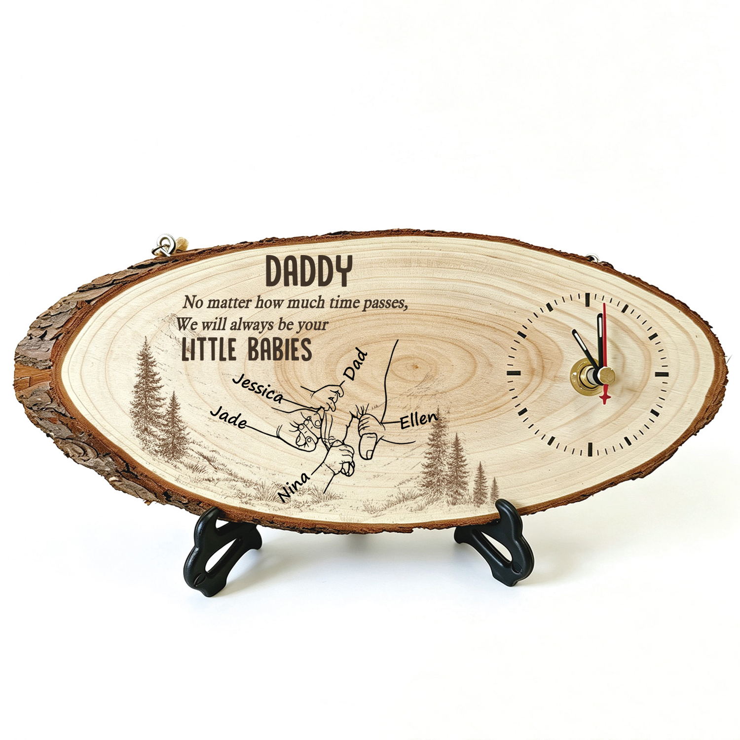 Personalised Wooden Clock with Interlocking Hands and 2 to 6 Names – Family Keepsake Gift for Dad