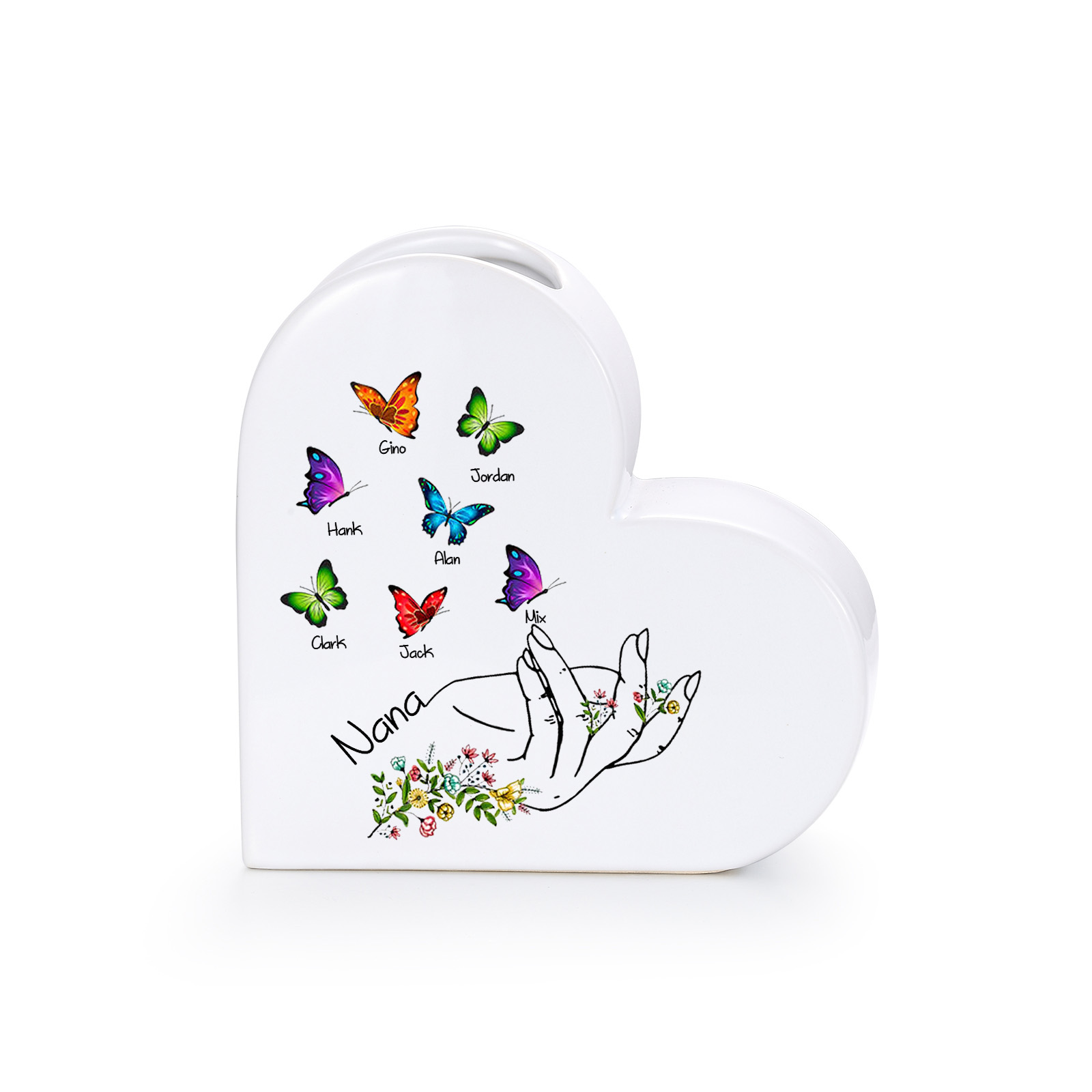 Personalised 2-8 Names Heart Ceramic Nana Vase with Butterflies