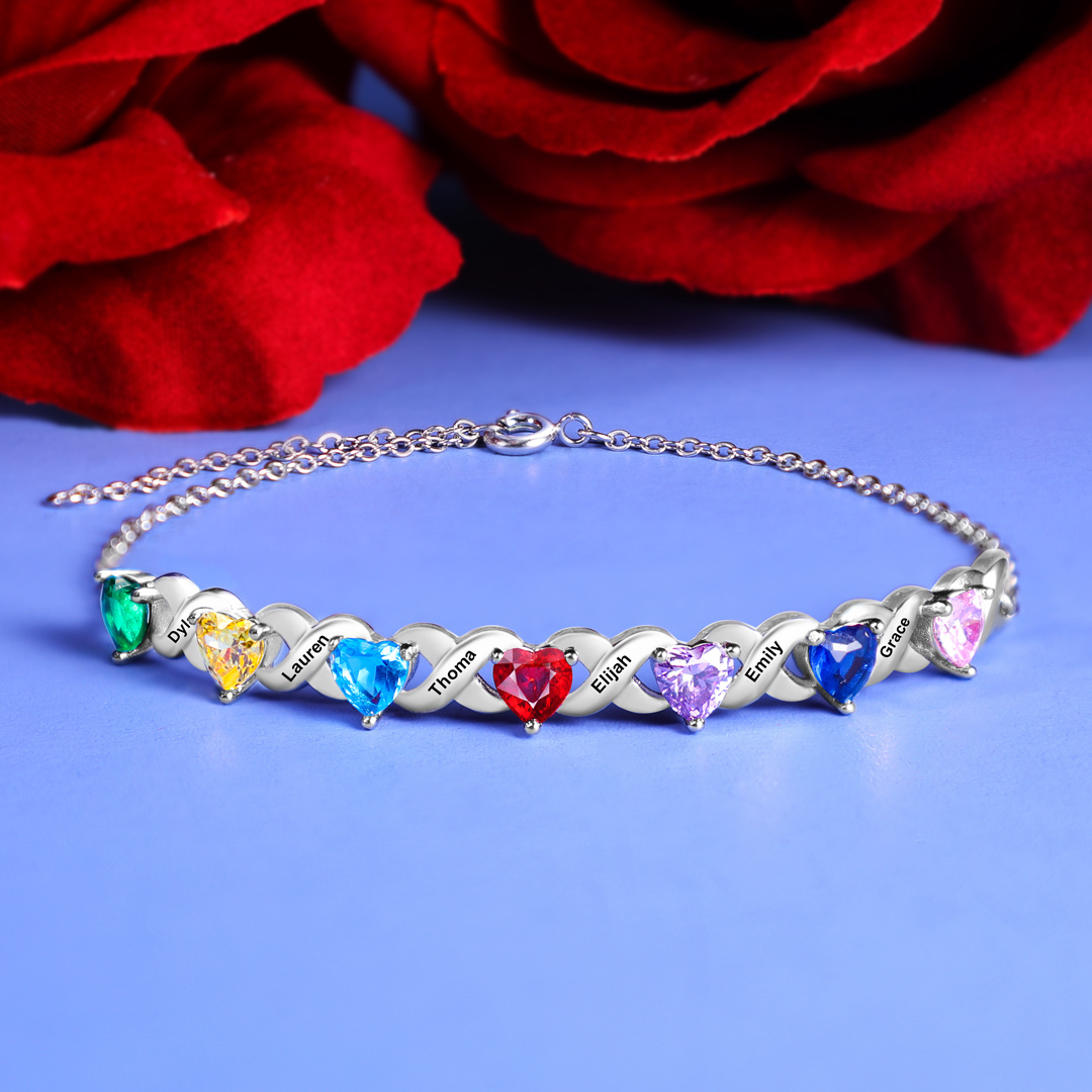 September Birthday Personalised Bracelet With 4 Heart Birthstones Engraved Names Bracelet Gift For Women