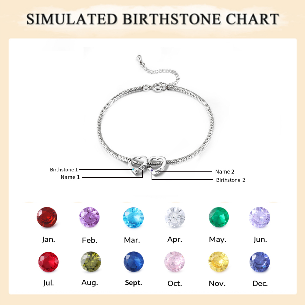 Custom Anklet Engraved 2 Names and Birthstones Heart Shaped Charm Personalised Bracelet for Women