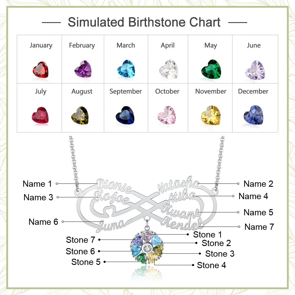Personalised Infinity Necklace With 7 Birthstones Engraved Names Necklace Gift For Women