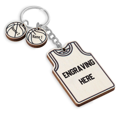 Personalised Text and 2 Names Wooden Basketball Keyring For Dad