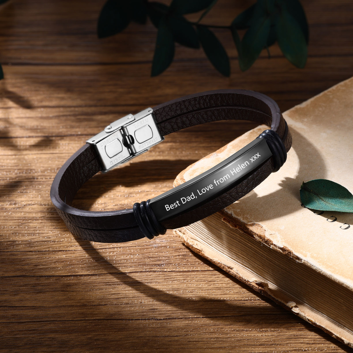 Personalised Text Brown Leather Bracelet Men's Bracelet Father's Day Gift for Dad