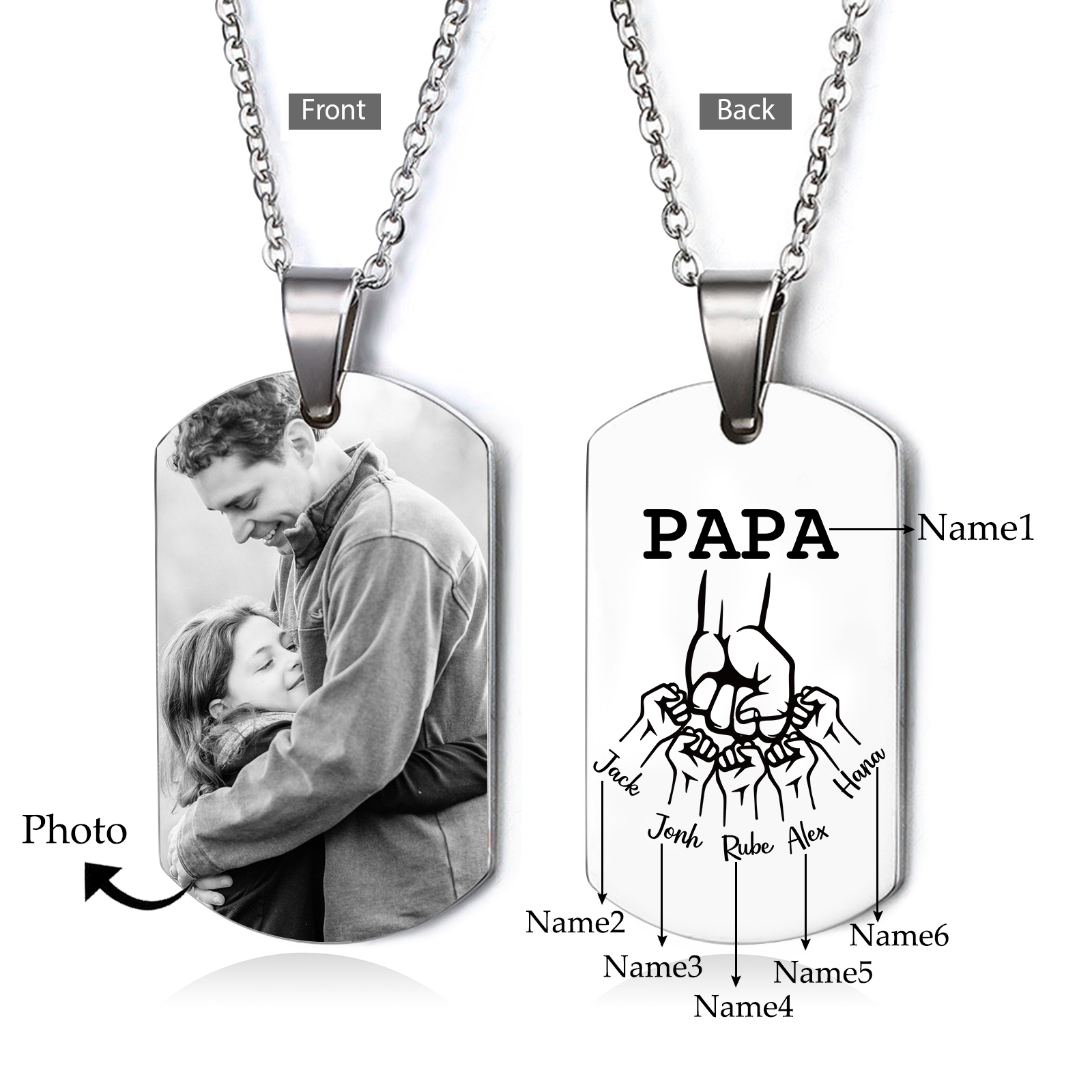 6 Names-Personalised Dad Photo Fist Stainless Steel Necklace-Custom Names and Photo Necklace for Father/Grandad