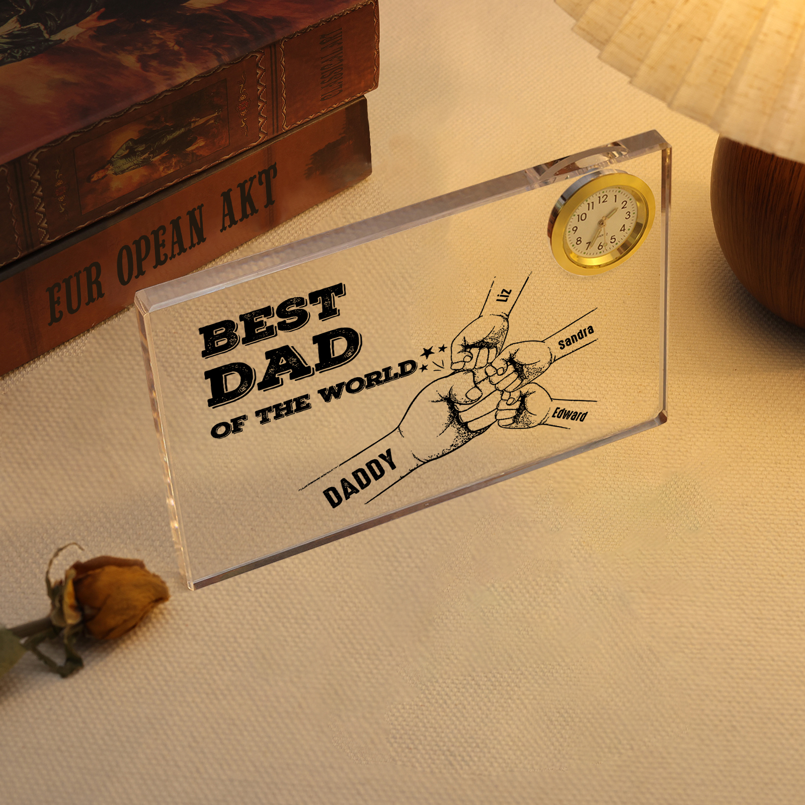 4 Names - Personalised Fist Bump Acrylic Rectangular Clock Ornament Father's Day Gift for Dad