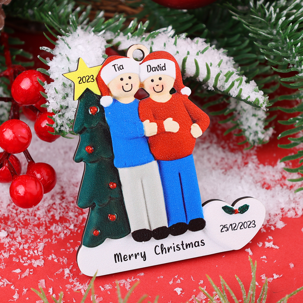 2 Names-Personalised Family Wooden Christmas Xmas Tree Decoration Ornament-Custom 2 Names And Dates Hanging Ornament Gifts For Family