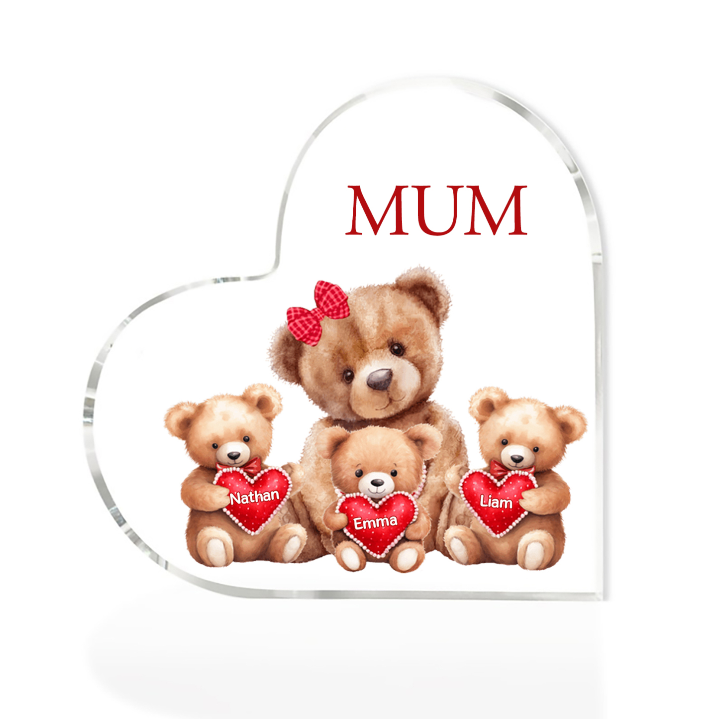 3 Names-Personalised Mum Acrylic Heart Keepsake Custom Text Love Teddy Bear Ornaments Gifts Set With Gift Box for Grandma/Mother