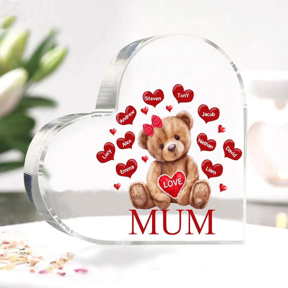 10 Names-Personalised Mum Acrylic Heart Keepsake Custom Text Love Teddy Bear Ornaments Gifts Set With Gift Box for Grandma/Mother