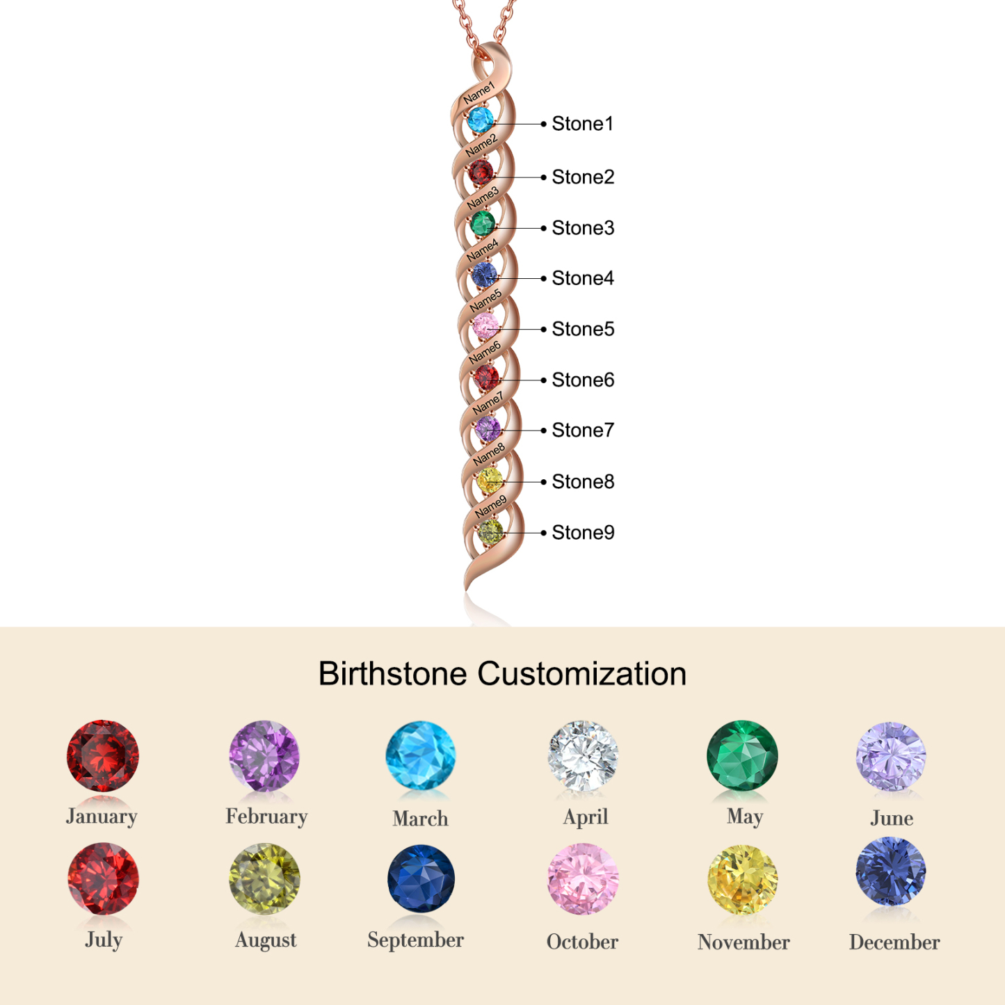 9 Names-Personalised Birthstones Necklace Set With Rose Gift Box-Custom Cascading Pendant Necklace Engraving 9 Names Gifts for Her