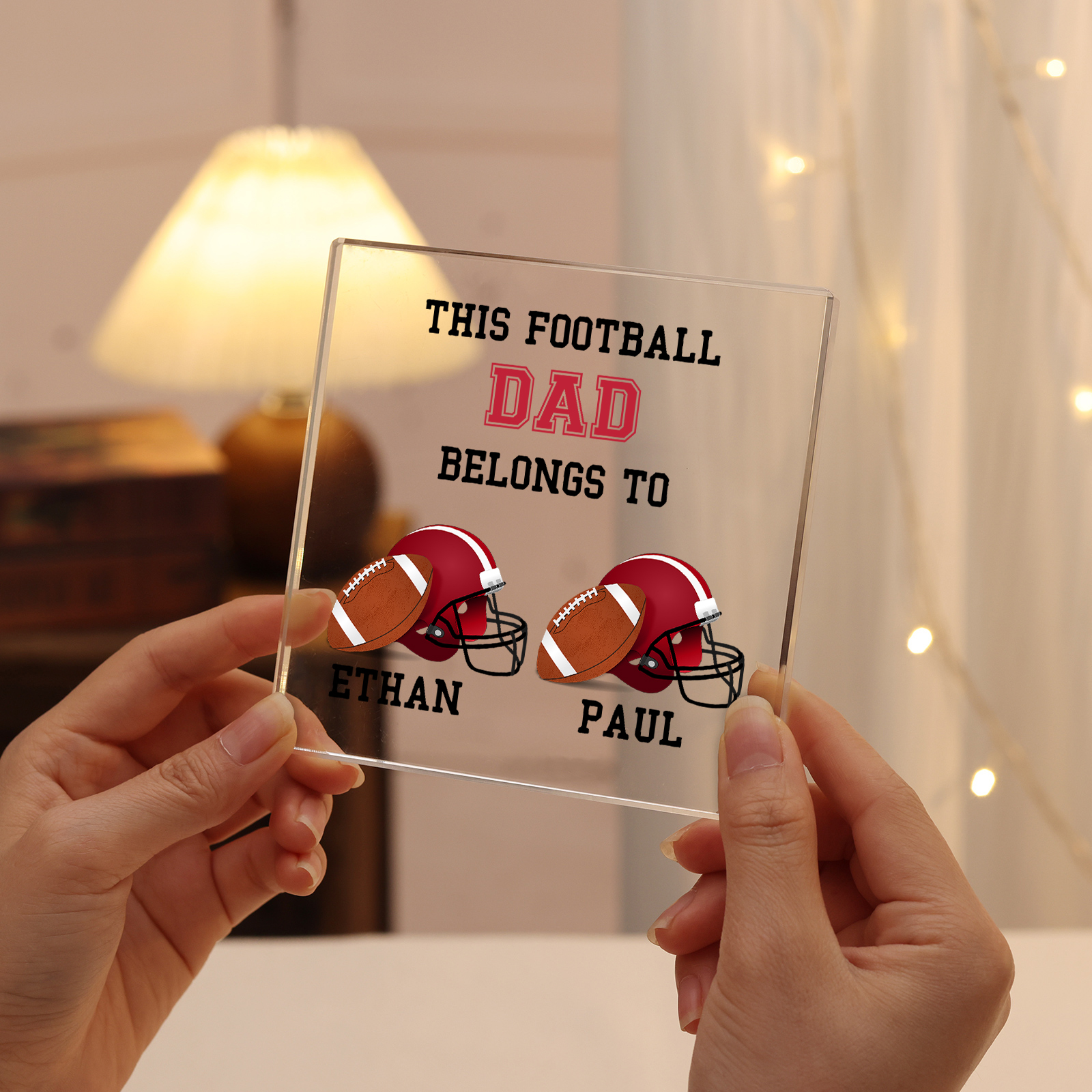2 Names -Personalised Football Acrylic Keepsake Customized Name Acrylic Plaque Ornament Father's Day Gift for Dad