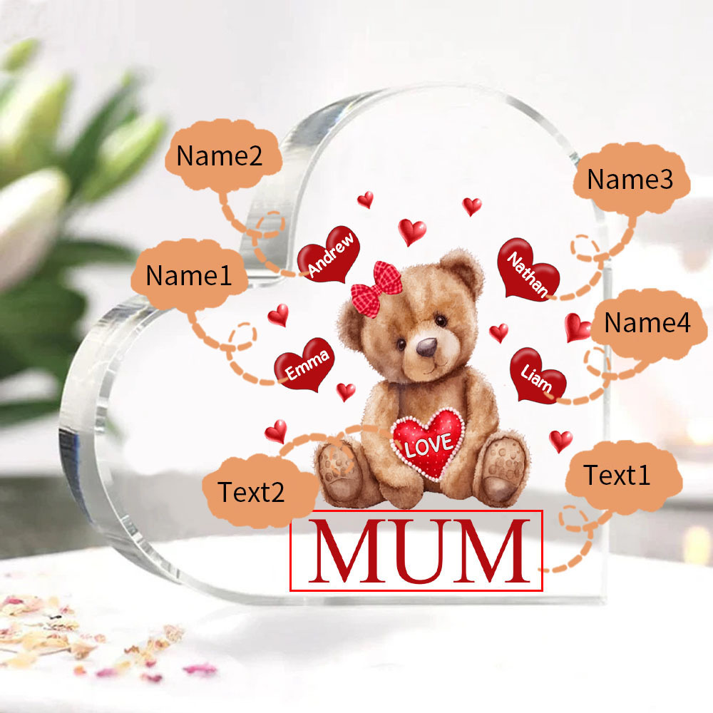 4 Names-Personalised Mum Acrylic Heart Keepsake Custom Text Love Teddy Bear Ornaments Gifts Set With Gift Box for Grandma/Mother