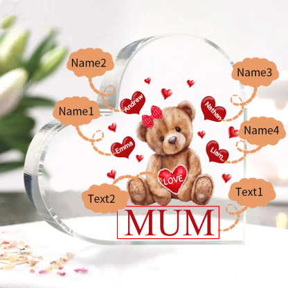 4 Names-Personalised Mum Acrylic Heart Keepsake Custom Text Love Teddy Bear Ornaments Gifts Set With Gift Box for Grandma/Mother
