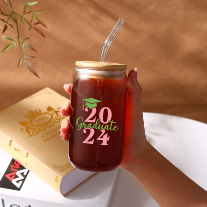 2024 Graduation Gift - Personalised Name and Year Glass with Glass Straw