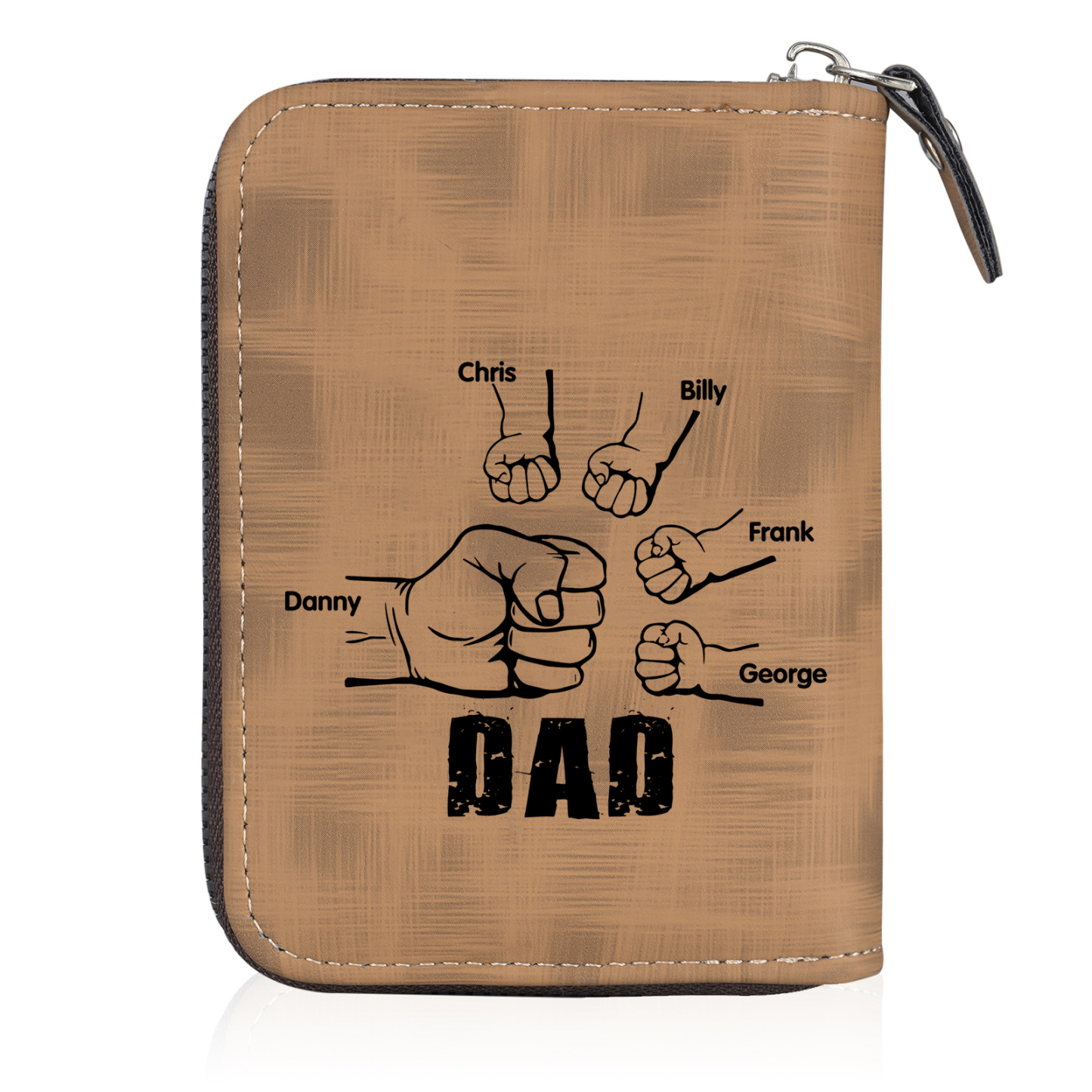 5 Names - Personalised Fist Bump Fist Bump Photo Custom Leather Men's Zipper Wallet as a Father's Day Gift for Dad