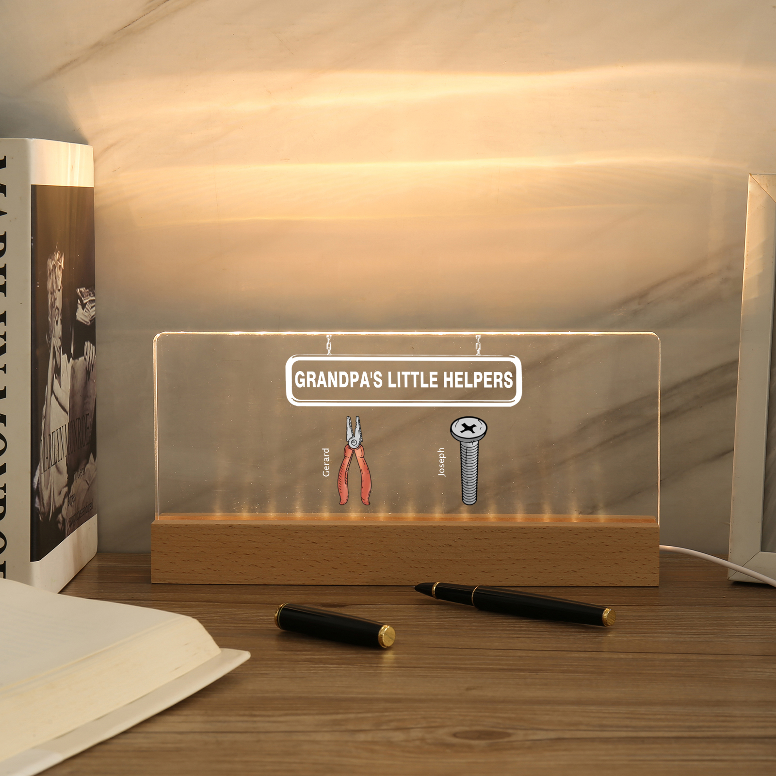 2 Names - Personalised Repair Tool Pattern Table Lamp Customized Text Father's Day Gift for Grandad/Dad