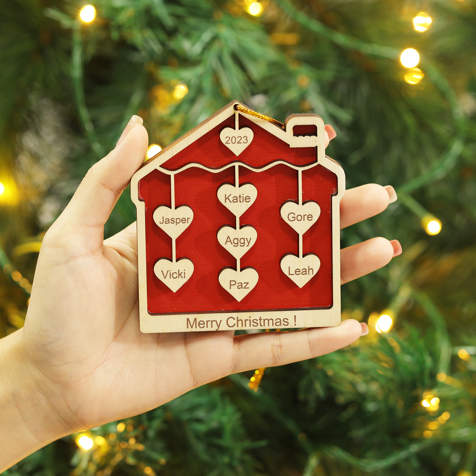 7 Names-Personalised Family Wooden Christmas Xmas Tree Decoration Ornament-Custom 7 Names And Year Hanging Ornament Gifts For Family
