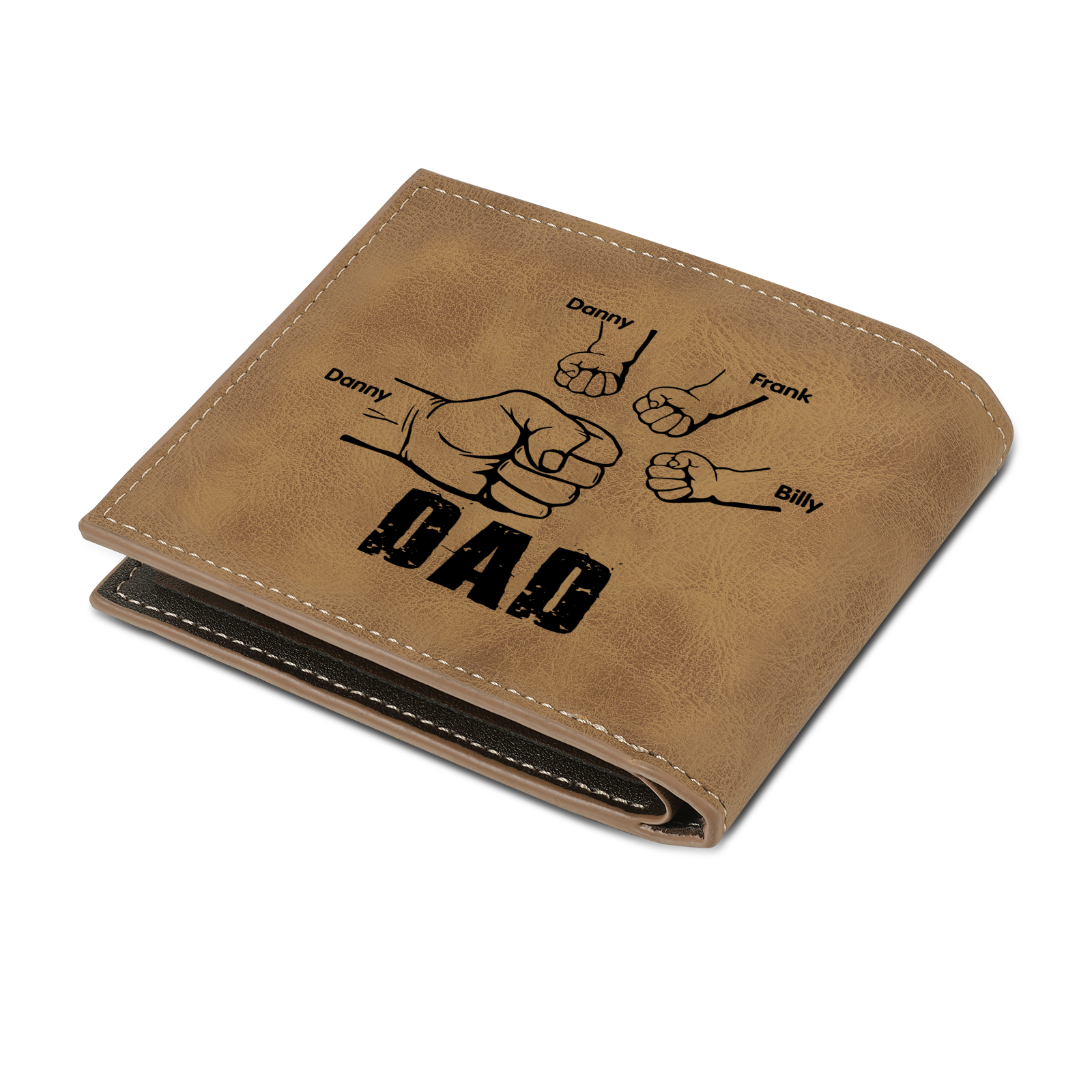 4 Names - Personalised Fist Bump Photo Custom Leather Men's Wallet as a Father's Day Gift for Dad