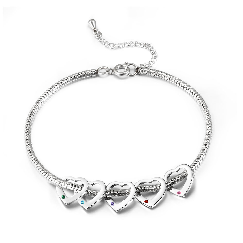 Custom Anklet Engraved 5 Names and Birthstones Heart Shaped Charm Personalised Bracelet for Women