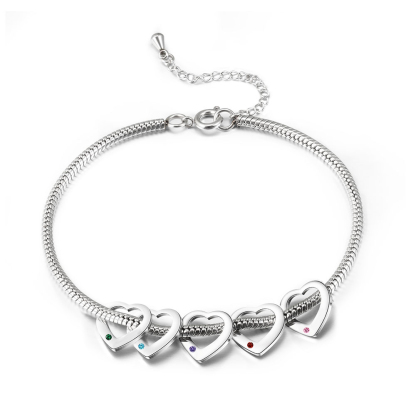 Custom Anklet Engraved 5 Names and Birthstones Heart Shaped Charm Personalised Bracelet for Women
