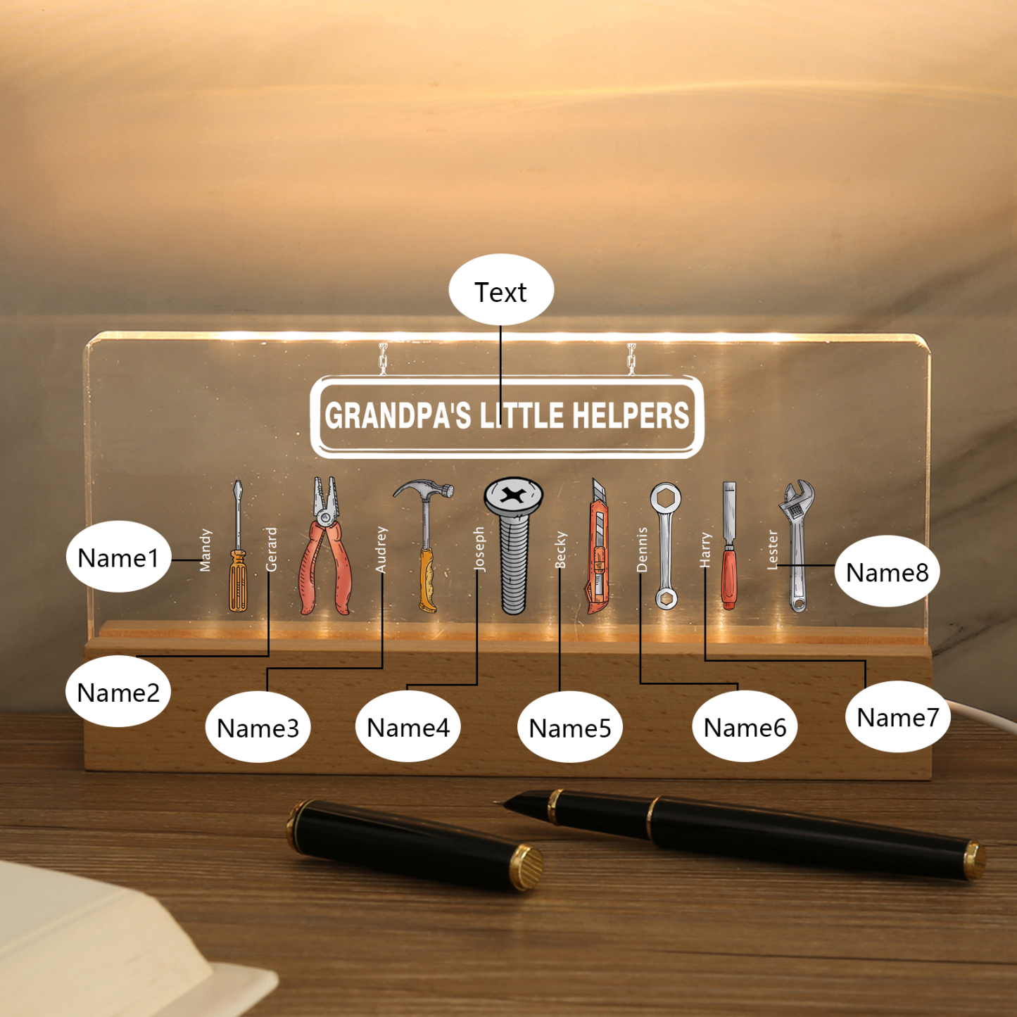 8 Names - Personalised Repair Tool Pattern Table Lamp Customized Text Father's Day Gift for Grandad/Dad