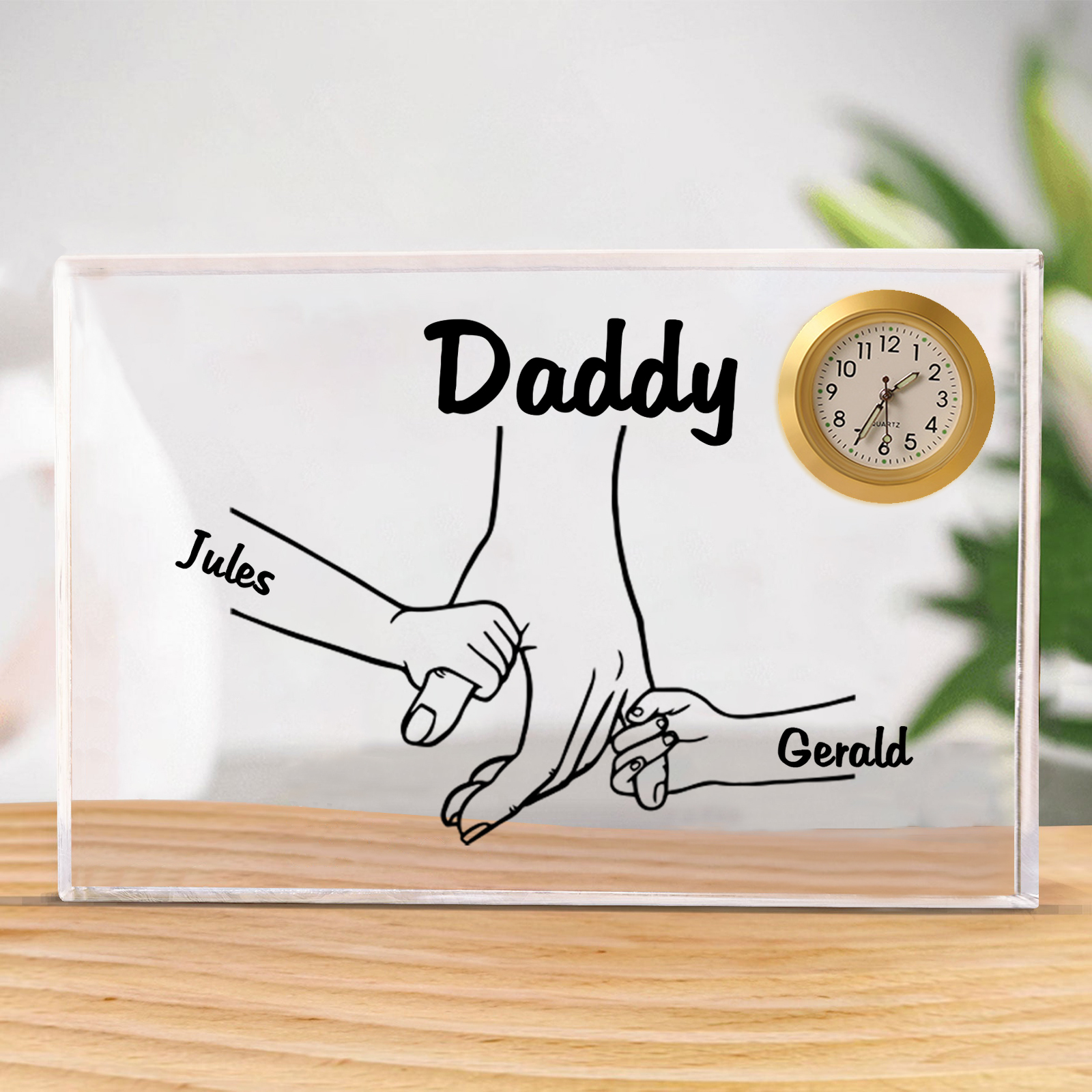 3 Names - Personalised Holding Hands Pattern Custom Name Acrylic Rectangular Clock Ornament Father's Day Gift