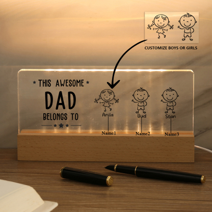 3 Names & Doll Gender - Personalised Lamp -This Awesome Dad  Belongs To - Father's Day Gift for Dad