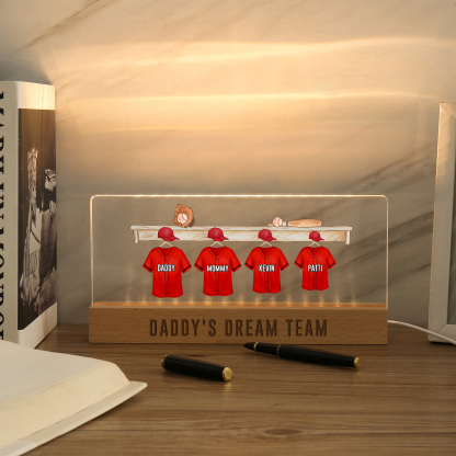 4 Names - Personalised Baseball Jersey Desk Lamp - Dad's Dream Team - Father's Day Gift for Dad